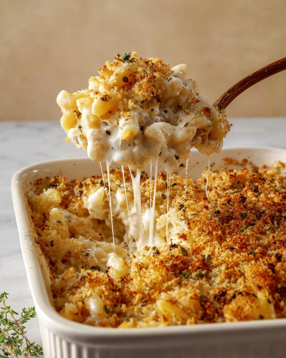 A close-up of a white baking dish filled with creamy macaroni and cheese, topped with a golden brown breadcrumb layer mixed with herbs. A spoon lifts a portion, showing gooey melted cheese stretching down from the thick, white sauce-coated pasta beneath the crispy top. The macaroni is soft and covered in the creamy cheese sauce, with breadcrumbs on top adding a crunchy texture. The scene is set on a white marbled surface with soft, warm lighting that highlights the textures of the dish photo taken with an iphone --ar 4:5 --v 7