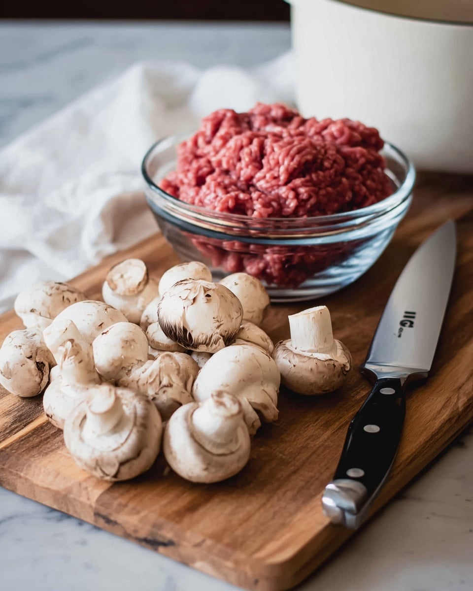 The image shows a wooden board placed on a white marbled surface. On the board, there is a clear glass bowl filled with raw ground meat, dark red in color with a soft texture. In front of the bowl, there is a pile of fresh white mushrooms with smooth caps and light brown spots. Next to the mushrooms is a kitchen knife with a black handle and a shiny blade. Behind the board, part of a white cloth and a white pot with a black rim are visible in the background. The scene is softly lit, showing the natural textures and colors of the ingredients clearly. photo taken with an iphone --ar 4:5 --v 7