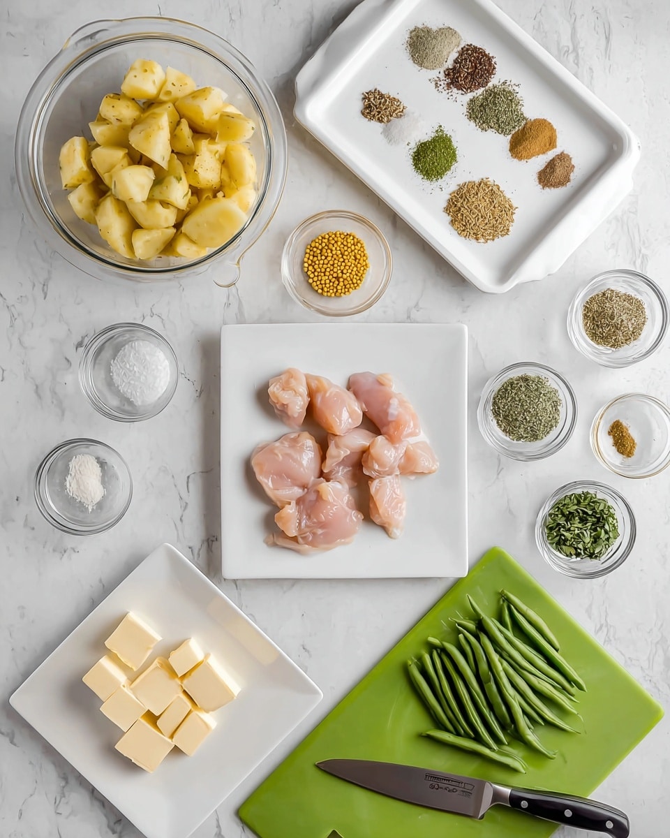 The image shows raw cooking ingredients neatly arranged on a white marbled surface. In the center is a white rectangular plate with small pieces of raw light pink chicken meat. Above it is a white tray with small piles of various spices in colors like brown, green, and beige, and a small clear bowl with yellow mustard seeds. To the left is a clear measuring cup filled with yellow potato chunks. Below the chicken plate is a white square plate with several small cubes of pale yellow butter arranged in a circle. To the right bottom is a green cutting board with fresh cut green beans and a knife with a black handle resting on top. Small glass bowls with green and white seasonings are scattered around. Photo taken with an iphone --ar 4:5 --v 7