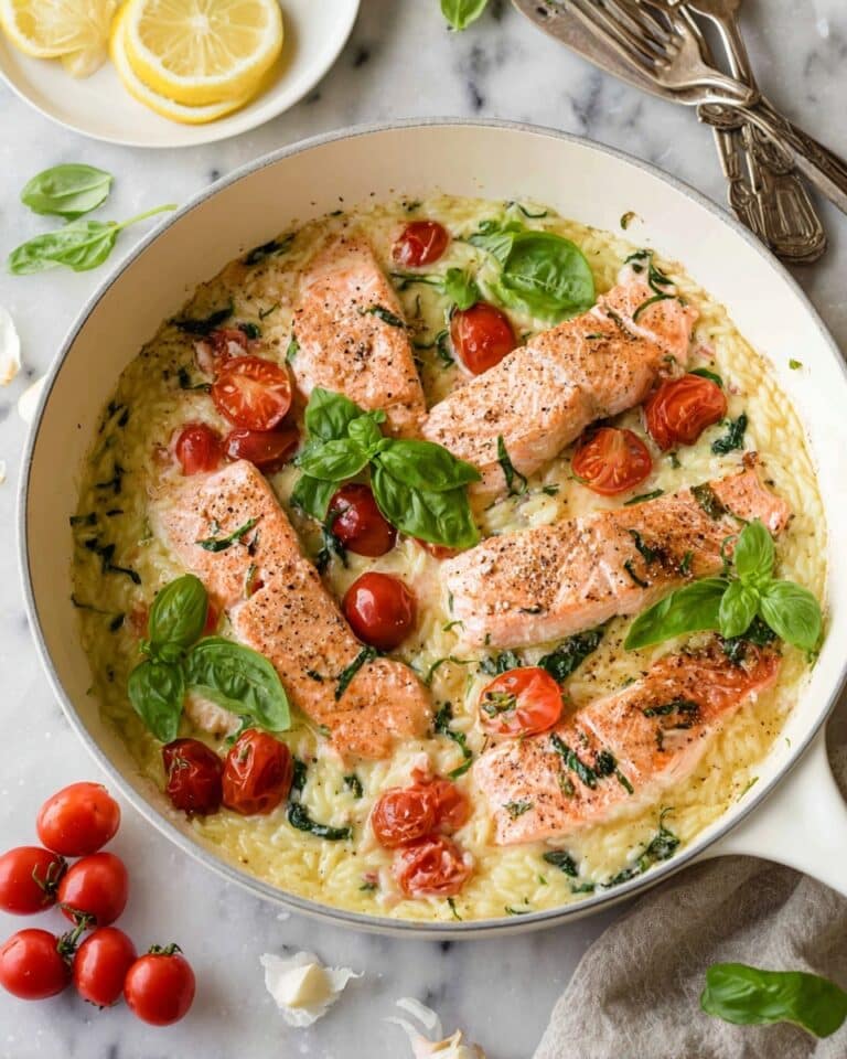 One Pot Salmon & Creamy Tomato Spinach Orzo Recipe