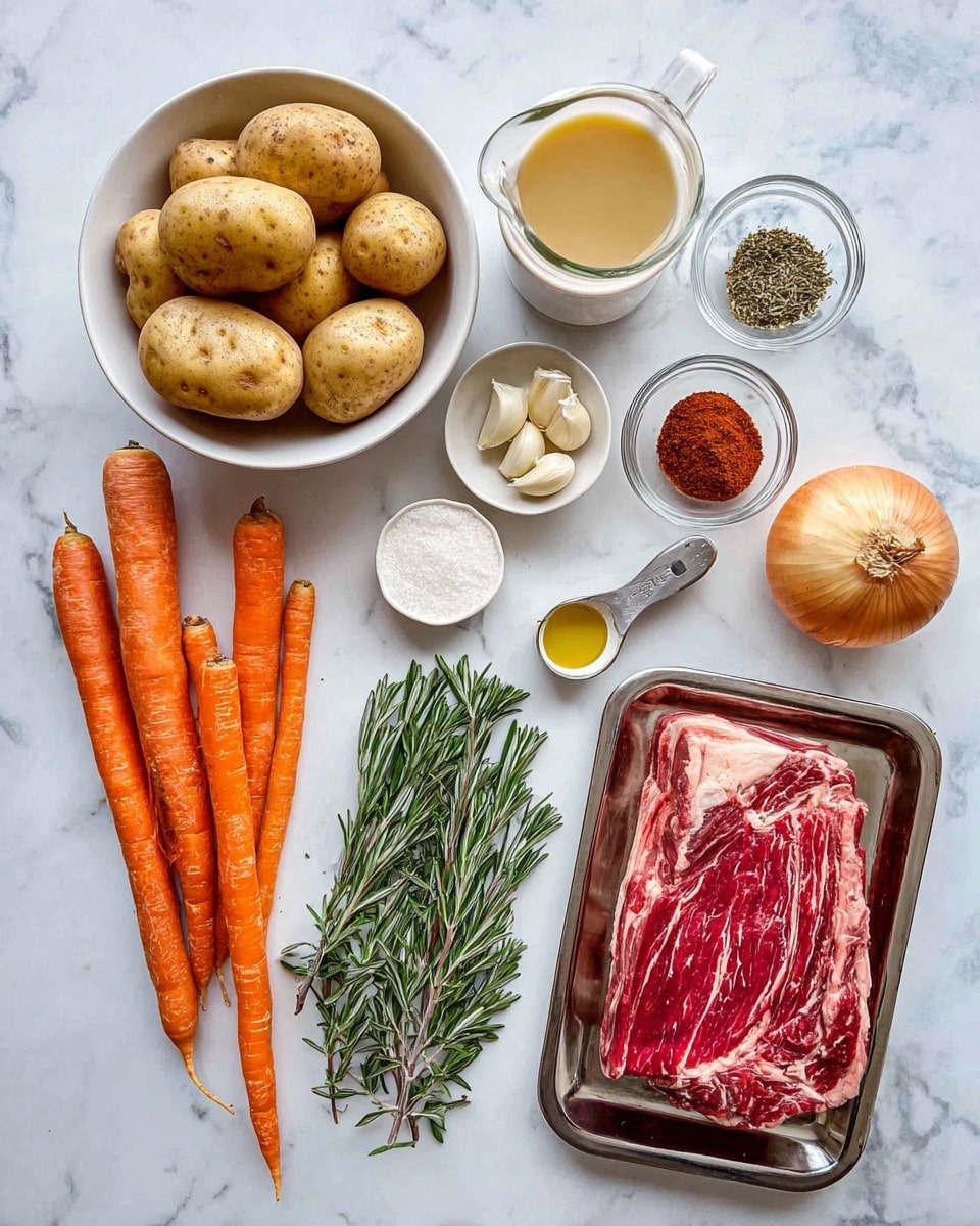 The image shows a flat lay of cooking ingredients on a white marbled surface. On the right side, there is a metal tray with one large piece of raw red meat with white marbling. To the left of the tray, a bunch of orange carrots with a rough texture lies horizontally. Below the carrots, a small clear glass pitcher contains a beige liquid. Above the carrots is a white bowl holding six small, light brown potatoes with some spots. Nearby, two white bowls hold seasoning: one with white salt crystals and the other with several peeled garlic cloves. There is also a whole onion and a half onion with pale yellow skin and light green center placed on the surface near the carrots. Two sprigs of fresh green rosemary are laid horizontally between the bowls. Small glass bowls contain brown and green dried herbs, alongside a metal measuring cup with white flour. A white bowl has a reddish paste, and a small cup of golden oil completes the arrangement. The photo taken with an iphone --ar 4:5 --v 7