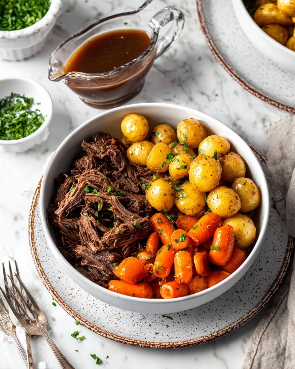 A white bowl filled with three layers of food: the left layer has dark brown shredded beef with a soft texture, the top right layer features small golden yellow baby potatoes with slight browning and green herb bits, and the bottom right layer shows bright orange carrot pieces with a glossy finish and some chopped green herbs sprinkled on top. A clear glass gravy boat containing dark brown gravy sits behind the bowl. The scene is set on a white marbled surface, with a rustic round gray and white plate and a silver fork nearby, some green chopped herbs scattered around, and a small white bowl filled with more green herbs visible in the upper left corner. Photo taken with an iphone --ar 4:5 --v 7
