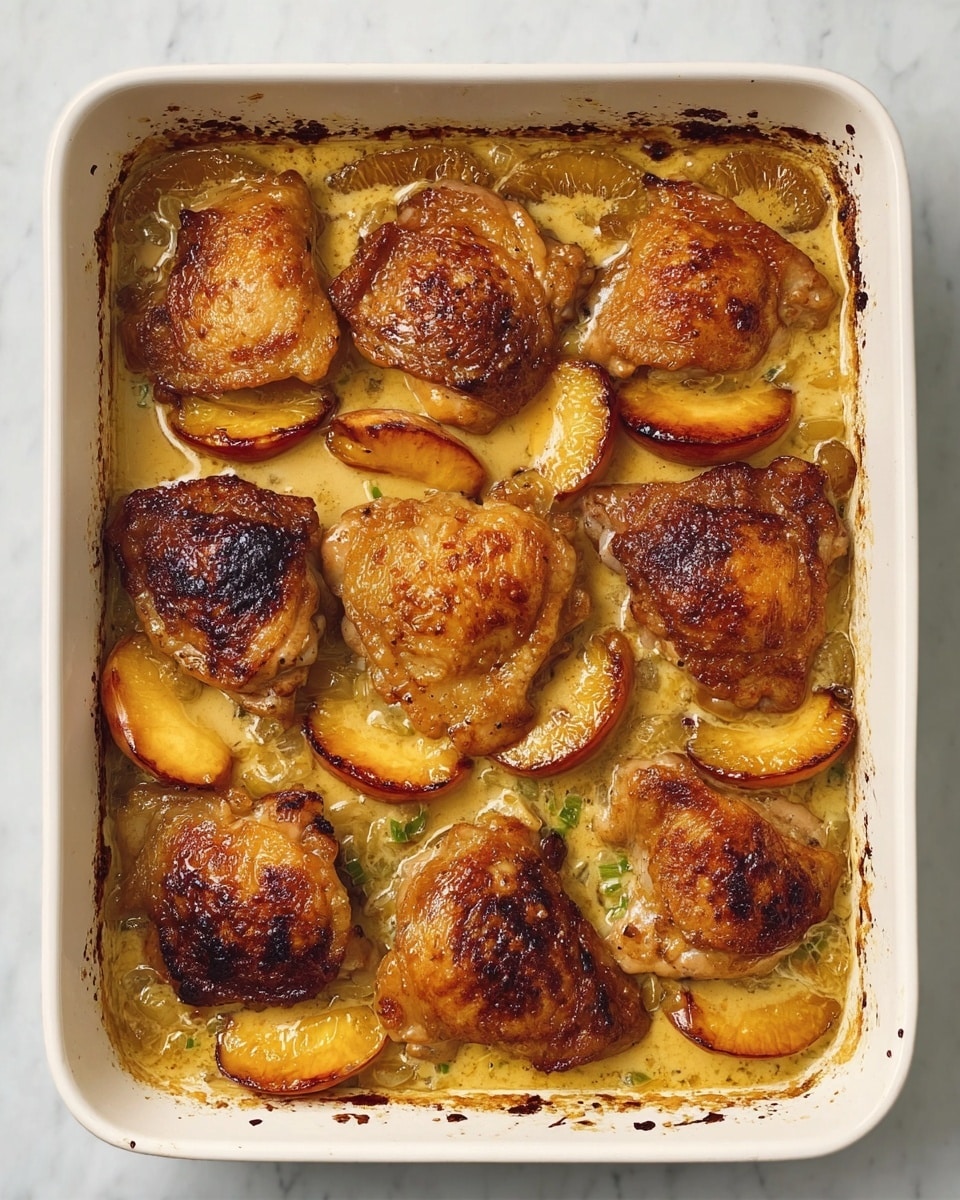 A white rectangular baking dish filled with eight golden brown chicken thighs, each with a crispy textured skin, arranged in two rows. Between and around the chicken pieces, there are caramelized peach slices with a dark, slightly charred surface showing their soft, cooked texture. The dish is filled with a creamy, light golden sauce that looks thick and rich, with some small green pieces of herbs or vegetables visible beneath the sauce. The edges of the dish have small browned spots where the sauce has bubbled over. The dish is placed on a white marbled surface. photo taken with an iphone --ar 4:5 --v 7