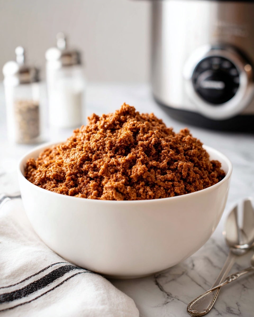 The image shows a close-up of cooked ground meat in a large black pan. The meat is broken into many small, crumbly pieces with a browned color, showing a mixture of light and darker brown shades. A metal spoon with a wooden handle lifts a portion of the meat from the pan, highlighting the texture and moisture of the cooked meat. The white marbled texture of the surface beneath the pan is barely visible at the bottom edge of the image. photo taken with an iphone --ar 4:5 --v 7