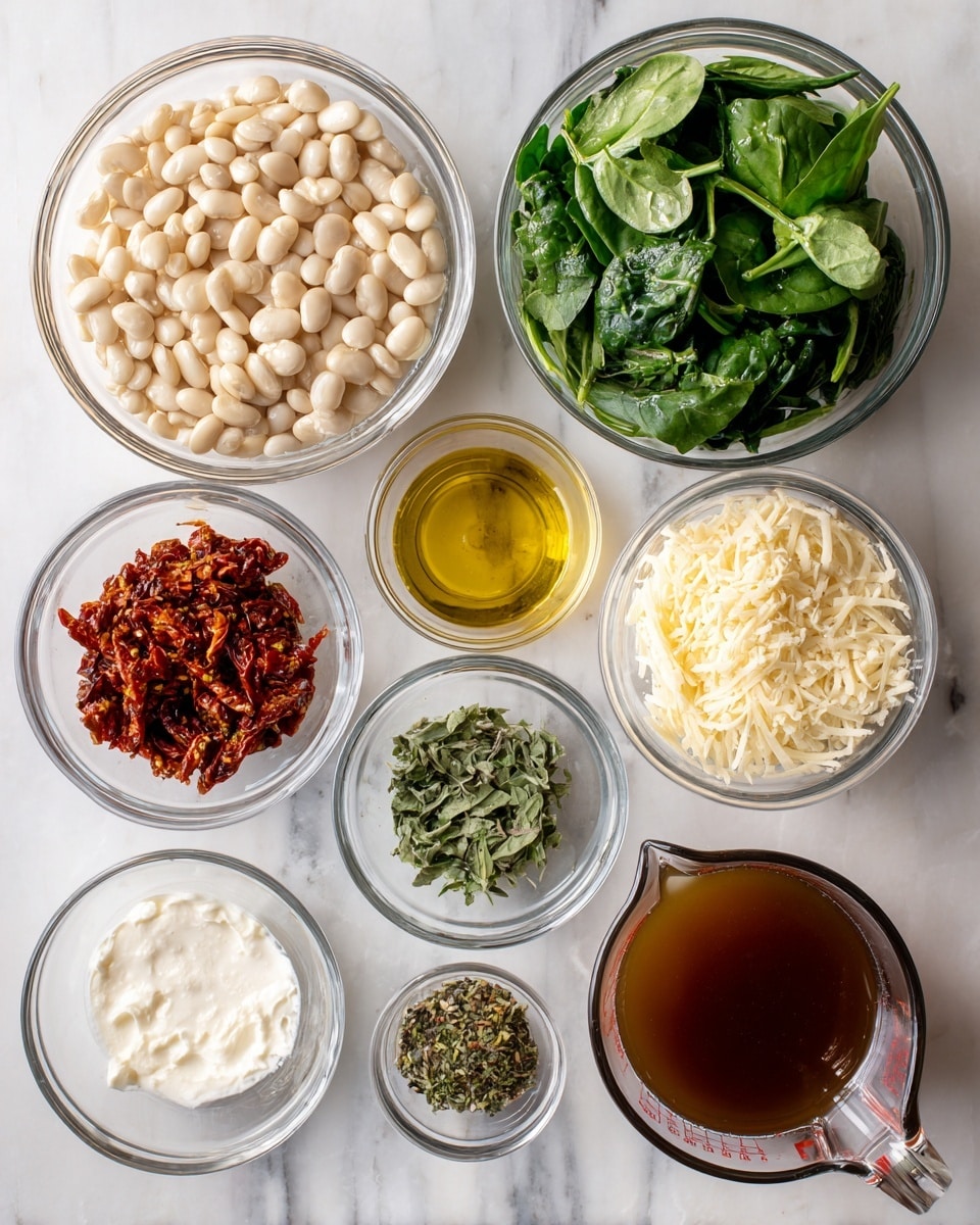 The image shows an overhead view of various clear glass bowls and a clear measuring jug arranged on a white marbled surface. There are nine containers in total: a large bowl with large white beans at the top left, a medium bowl with green fresh spinach leaves at the bottom left, a medium bowl with grated parmesan cheese at the top right, and a medium bowl with chopped sun-dried tomatoes next to it. Smaller bowls hold minced garlic, chopped fresh green herbs (likely basil), dried thyme, and crushed red chili flakes. A small clear glass container holds golden olive oil near the center, with a medium bowl of white cream positioned below it. The clear measuring jug at the bottom right contains brown broth. All bowls clearly show the textures and colors of their contents. photo taken with an iphone --ar 4:5 --v 7