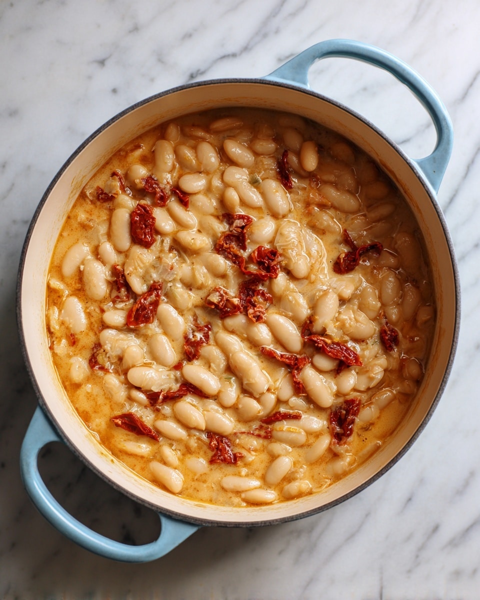 A white round pot with light blue handles is filled with creamy white beans cooked in a light orange sauce with small bits of reddish sun-dried tomatoes mixed evenly throughout, showing a soft and thick texture, placed on a white marbled surface, photo taken with an iphone --ar 4:5 --v 7