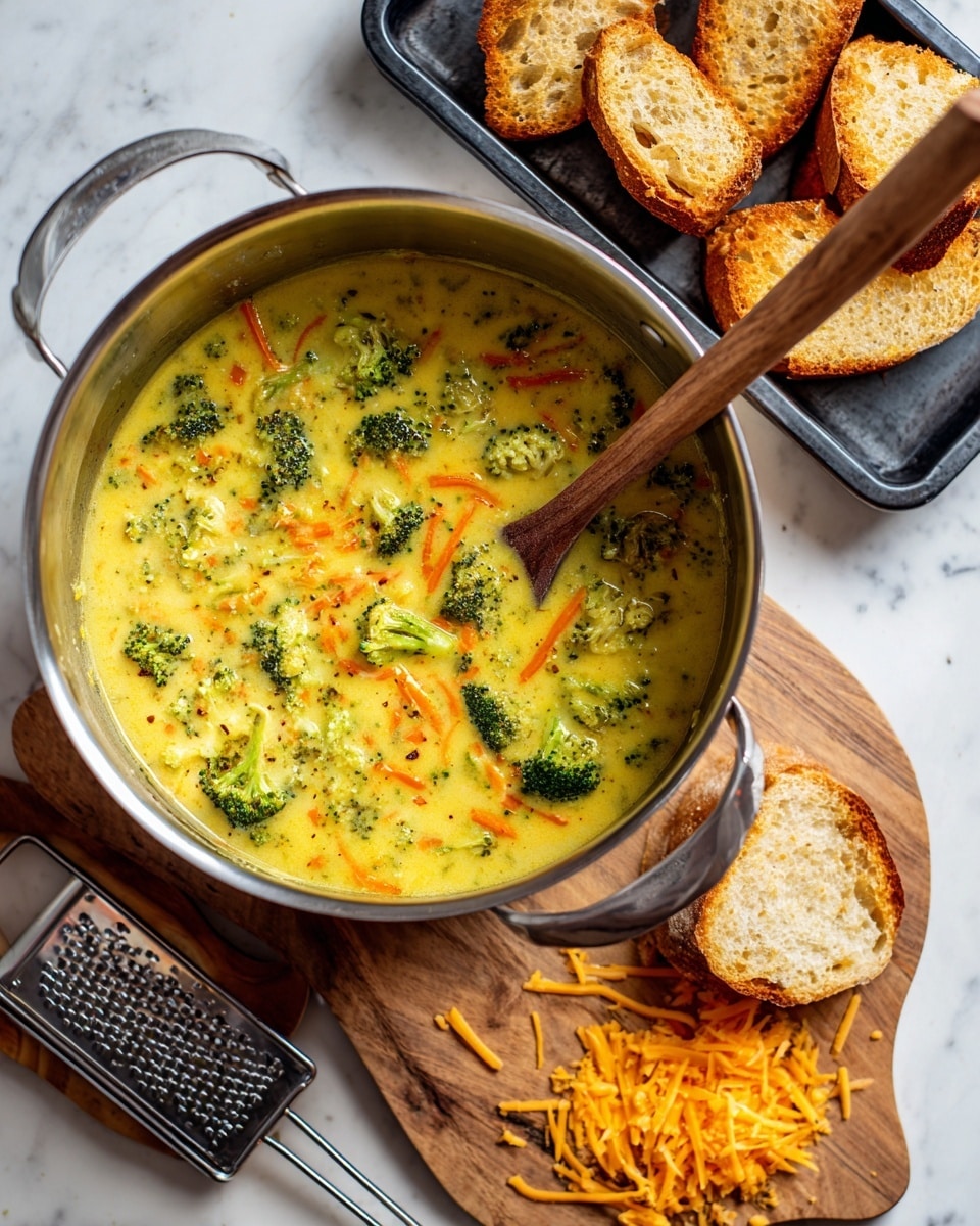 A large metal pot filled with thick yellowish soup full of small green broccoli florets and thin orange carrot strips, with a wooden spoon partially dipped into the soup on the right side; above the pot, there is a black baking tray holding uneven pieces of toasted bread with a golden crust; below the pot, a small round wooden board holds a metal box grater resting on scattered shreds of bright orange cheese. The whole scene is set on a white marbled textured surface. Photo taken with an iphone --ar 4:5 --v 7