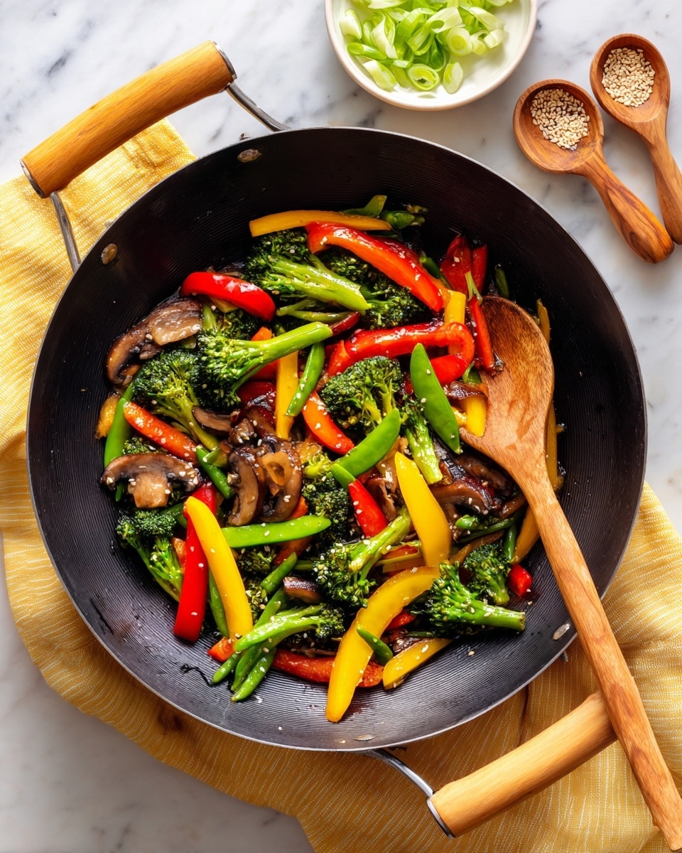 A black wok pan with light wooden handles sits on a white marbled surface with a yellow and white striped cloth beneath it. Inside the pan is a colorful mix of fresh vegetables layered in one main layer: bright green broccoli florets and snap peas, red and yellow bell pepper strips, orange carrot slices, and small brown mushroom pieces. A wooden spoon with a smooth texture is resting in the stir-fried vegetables, pushing some of them to the side. In the background, there are two wooden spoons with sesame seeds and a small white bowl filled with sliced green onions. Photo taken with an iphone --ar 4:5 --v 7
