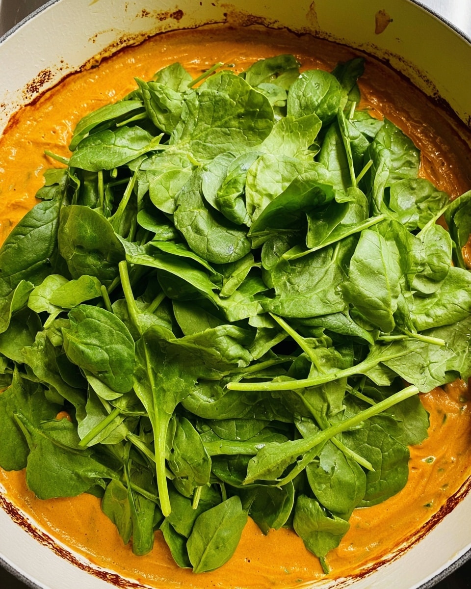 A white pot filled with a two-layered dish is shown, where the bottom layer is a smooth, thick orange sauce with a creamy texture, spread evenly across the pot. On top of the sauce, there is a fresh, generous pile of bright green spinach leaves, adding a rough, leafy texture and uneven shape covering the entire surface. The edge of the pot shows some splashes and slight browning of the sauce near the rim. The photo is taken with an iphone --ar 4:5 --v 7