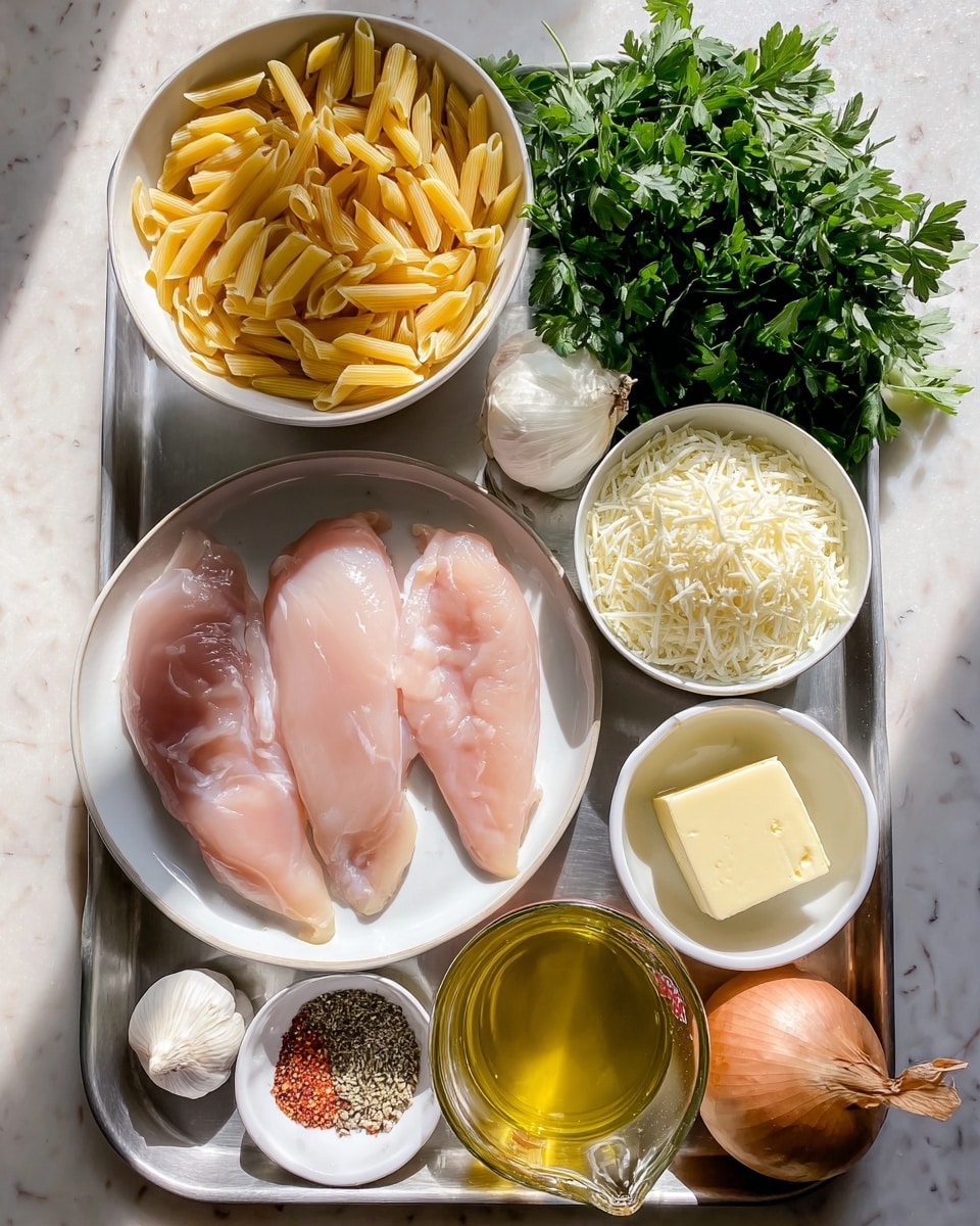 The image shows ingredients for a meal laid out on a metal tray placed on a white marbled surface. On the left side, there is a white round plate with three raw pale pink chicken fillets. Above the plate, there's a small white bowl filled with uncooked yellow penne pasta. Next to the pasta bowl, another white bowl holds a mound of finely shredded white cheese. To the right of the cheese, green leafy parsley fills the top corner of the tray. On the right side, there's a small white bowl holding a pale yellow cube of butter, a clear measuring cup with white milk, and another small white bowl with golden olive oil. At the bottom, a whole brown onion and two bulbs of garlic rest near a tall clear measuring cup filled with golden chicken broth. A small white bowl of mixed spices, including red, white, black, and dried green herbs, sits near the center. The scene is bright with natural light, highlighting the fresh and clean textures of the ingredients, photo taken with an iphone --ar 4:5 --v 7
