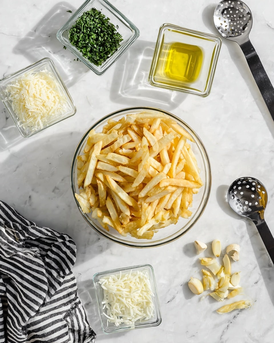 A clear glass bowl filled with pale golden, cooked French fries sits at the center on a white marbled surface. Around the bowl, moving clockwise, are small square clear glass containers holding finely chopped green herbs, shredded white cheese, golden garlic slices, and a clear square dish with yellow oil. A black and silver spoon with a slotted head rests on the surface to the right, and a black and white striped cloth is draped on the lower left side. The scene is brightly lit and clean, showing all ingredients clearly. Photo taken with an iphone --ar 4:5 --v 7