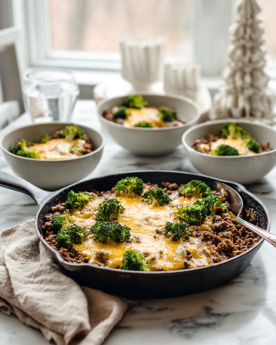 The dish is shown in a black skillet filled with a layer of cooked brown ground meat at the bottom, topped with scattered bright green broccoli florets arranged around the skillet's edge and center. Melted golden cheese covers the meat and broccoli unevenly, with some parts bubbling and browned slightly on top. A silver serving spoon rests on the right side inside the skillet. Behind the skillet, there are three white bowls each containing a similar layered dish with browned ground meat, green broccoli, and melted cheese. The setting is on a white marbled surface with a beige cloth napkin beside the skillet, and a glass of water along with white decorative objects are blurred in the background near a window. Photo taken with an iphone --ar 4:5 --v 7