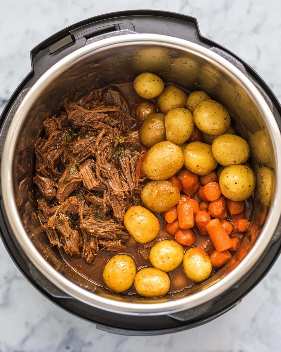 Inside a large silver pressure cooker on a white marbled surface, there is a stew featuring two main parts: on the left, a thick layer of shredded brown meat in rich brown sauce with visible herbs, and on the right, a mix of golden baby potatoes and bright orange carrot chunks also coated in sauce. The colors contrast with the silver of the pot, and the texture of the meat looks soft and tender while the potatoes and carrots appear smooth and cooked through. Photo taken with an iphone --ar 4:5 --v 7