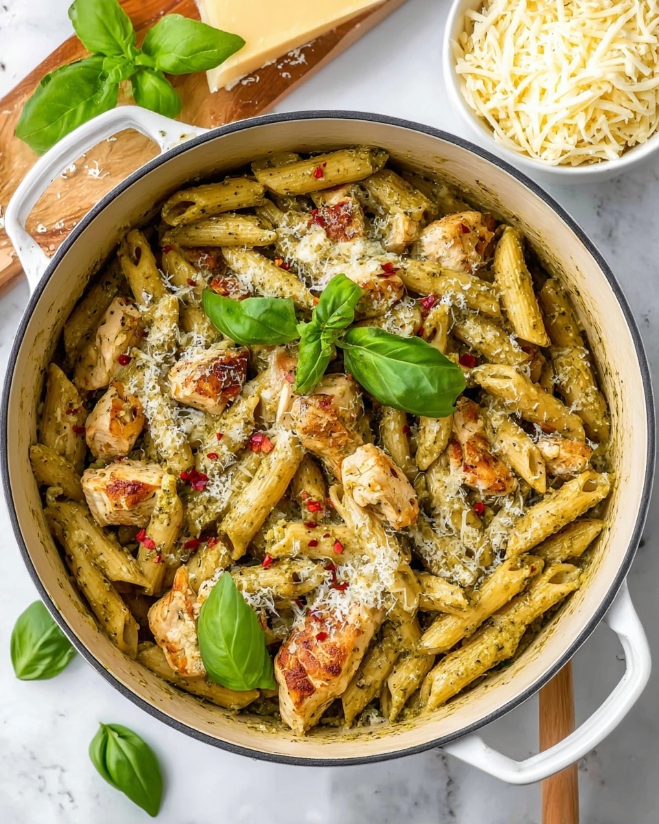 A white pot filled with creamy pasta that has three layers: at the bottom is coated penne pasta with a green pesto sauce, the middle layer has light brown, cooked chicken pieces scattered throughout, and the top layer is sprinkled with white grated cheese and red chili flakes, with fresh green basil leaves placed on top for decoration. The pot sits on a white marbled surface, and nearby there is a small white bowl filled with shredded cheese and a block of yellow cheese with fresh basil leaves beside it. photo taken with an iphone --ar 4:5 --v 7