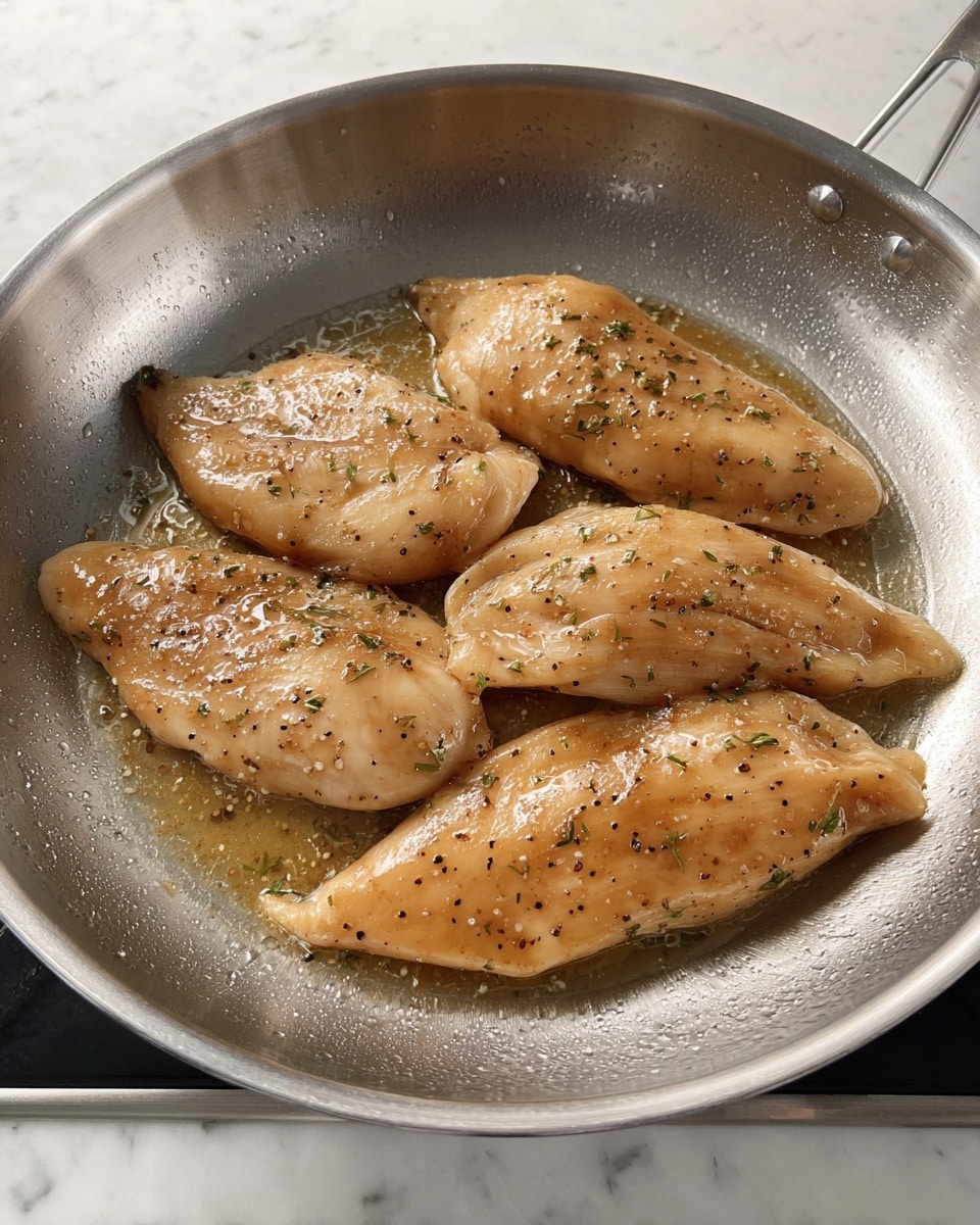 A close-up view of a round silver metal frying pan on a stove with a white marbled countertop around it. Inside the pan are four raw chicken fillets covered in a light brown marinade with visible small black and green herbs spread evenly on each piece. The chicken pieces are arranged without overlapping, showing smooth and shiny textures with slight seasoning on them. The pan surface reflects light softly, highlighting the marinated chicken. photo taken with an iphone --ar 4:5 --v 7