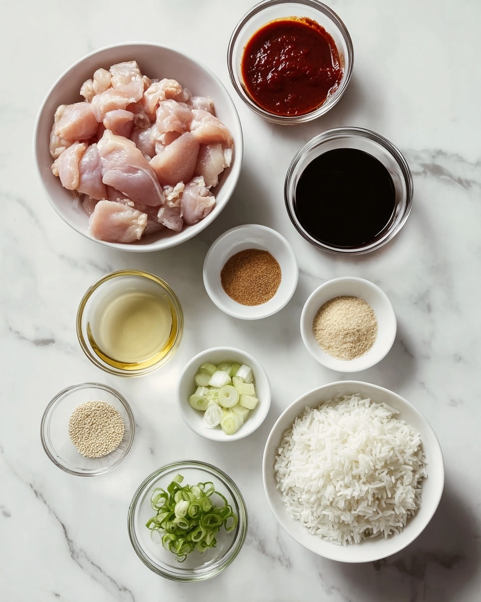 A white bowl filled with raw pink chicken pieces sits on the left, surrounded by several small white bowls and clear glass bowls containing different ingredients. At the top center is a white bowl with a thick red sauce, to the right is a clear glass bowl filled with dark soy sauce, below it a small white bowl with light brown sugar, and slightly below and to the left of it is a clear glass bowl with a light yellow liquid. Near the bottom center is another clear glass bowl with finely chopped garlic, a small group of sliced green onions and sesame seeds, and a larger white bowl filled with soft white cooked rice positioned near the bottom. All the bowls and ingredients rest on a white marbled surface. Photo taken with an iphone --ar 4:5 --v 7