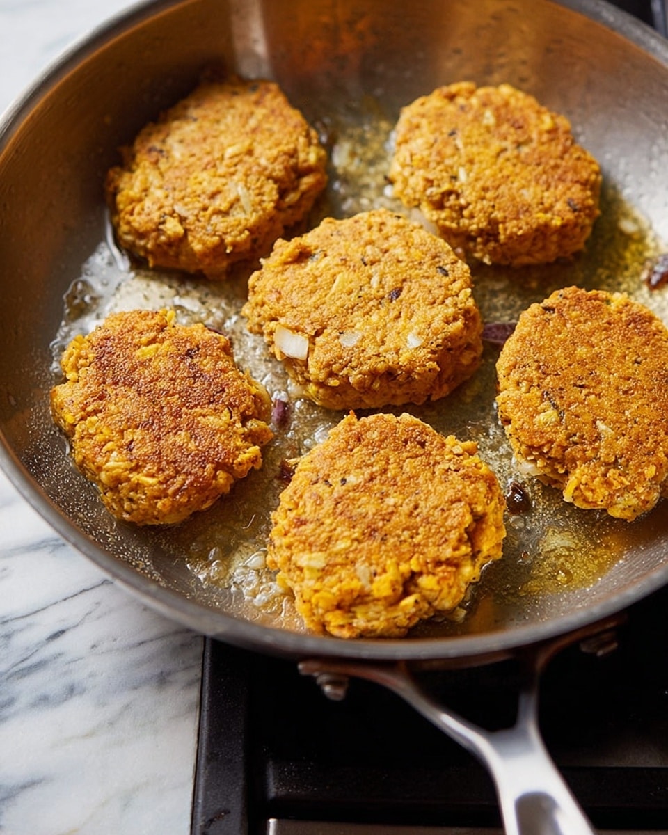 The image shows six round, golden-brown patties cooking in a silver stainless steel frying pan. The patties have a crumbly texture with visible bits of chopped ingredients in light yellow and pale white colors. The pan sits on a black stove top with parts of the metallic handle visible. There are faint traces of oil or cooking residue in the pan around the patties. The background has a white marbled texture. photo taken with an iphone --ar 4:5 --v 7