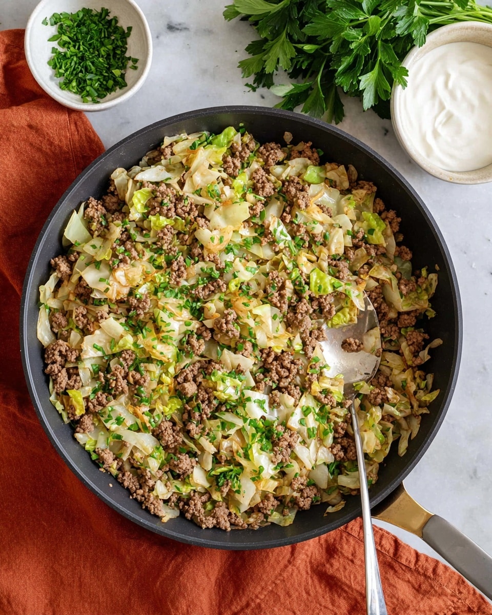 The image shows a dark non-stick pan filled with cooked ground meat and chopped cabbage mixed together. The ground meat is brown and crumbly, evenly spread across the pan, while the cabbage pieces are pale green with some caramelized edges, giving a slightly golden color. Fresh chopped green herbs are sprinkled over the dish. A large spoon with a light handle rests inside the pan on the right side. Next to the pan, on a white marbled surface, there is a small white bowl with green chopped herbs and another small white bowl with creamy white sauce. A bunch of fresh parsley adds a pop of green at the top right, and an orange cloth is partially visible under the pan at the bottom left. Photo taken with an iphone --ar 4:5 --v 7