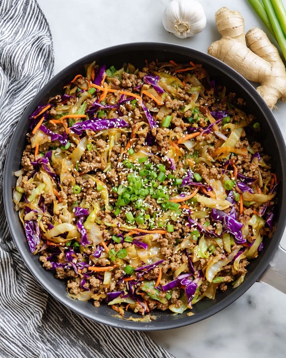 A top view of a black pan filled with a mixed stir fry cooked with ground meat and shredded vegetables like green and purple cabbage, thin orange carrot strips, and small bits of green onions, all mixed together in light brown sauce and sprinkled with white sesame seeds and chopped chives in the center, the pan is placed on a white marbled surface with a striped kitchen towel to one side and fresh ginger and garlic visible near the top edge photo taken with an iphone --ar 4:5 --v 7