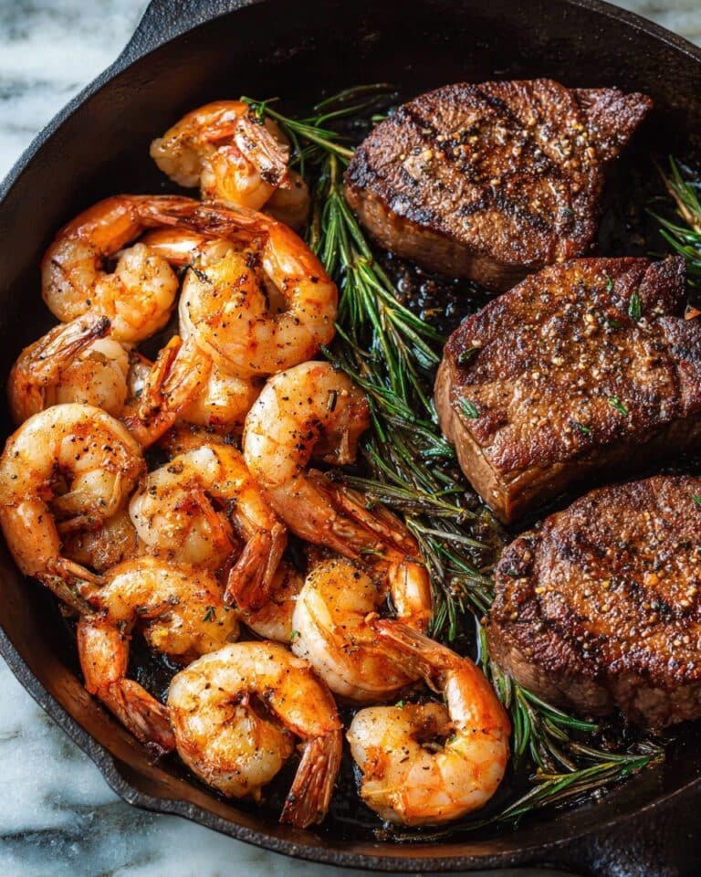 Surf and Turf (Steak and Shrimp) on a Skillet with Garlic Rosemary Butter Recipe