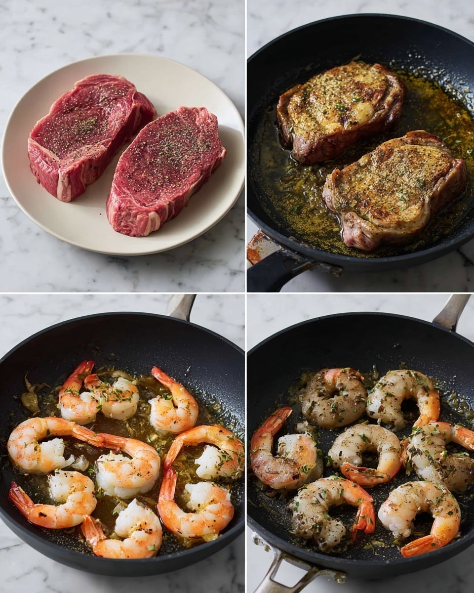 The image shows four stages of cooking in a grid. Top left is a white plate with two raw red steaks seasoned with black pepper on a white marbled surface. Top right shows the steaks in a black pan, with a golden brown cooked crust on top, while sides remain pink. Bottom left features raw white shrimp with orange tails in the same pan with herbs and garlic, covered in bubbling oil. Bottom right shows the cooked shrimp now pink with a light brown sear, cooked in the herb and garlic oil in the black pan. Photo taken with an iphone --ar 4:5 --v 7