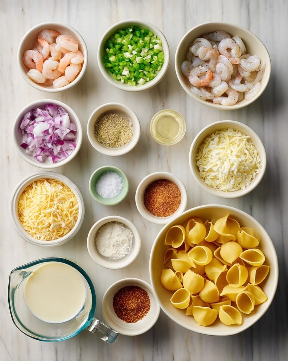 The image shows multiple small white bowls filled with different ingredients arranged neatly on a white marbled surface. On the right, a white bowl holds uncooked yellow pasta shells. Below it, a clear glass measuring jug is filled with a creamy white liquid. Other white small bowls contain finely chopped sets of green peppers, red onions, shrimp, butter cubes, shredded cheese, cooked shredded crab meat, a beaten yellow egg mixture, and a light powder, likely flour. There are also tiny white dishes with salt, black pepper, and reddish spice. The bowls vary slightly in size but are set evenly, presenting a clean and organized layout. photo taken with an iphone --ar 4:5 --v 7