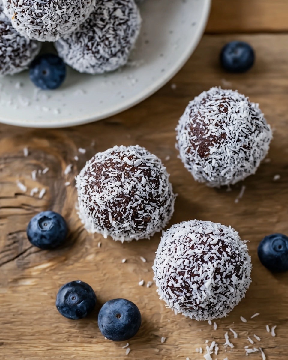 The image shows four round chocolate balls covered in white shredded coconut, placed on a wooden surface. Scattered around them are fresh blueberries, adding a pop of dark blue color against the brown and white. Part of a white plate is visible in the upper left corner, holding more coconut-covered chocolate balls and two blueberries. The textures include the rough shredded coconut on the balls, smooth blueberries, and the natural grain of the wooden surface. photo taken with an iphone --ar 4:5 --v 7