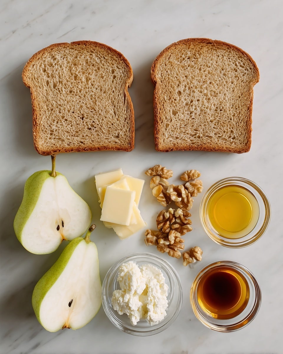 Two slices of light brown bread are placed side by side on a white marbled surface. Below the bread, there are two halves of a green pear with the inside flesh showing, a small pile of walnut pieces, and on the right side, arranged vertically, there are four small clear glass bowls containing white creamy cheese, a pat of yellow butter, golden honey, and dark amber vanilla extract. The setup is neat and evenly spaced, with soft natural lighting. Photo taken with an iphone --ar 4:5 --v 7