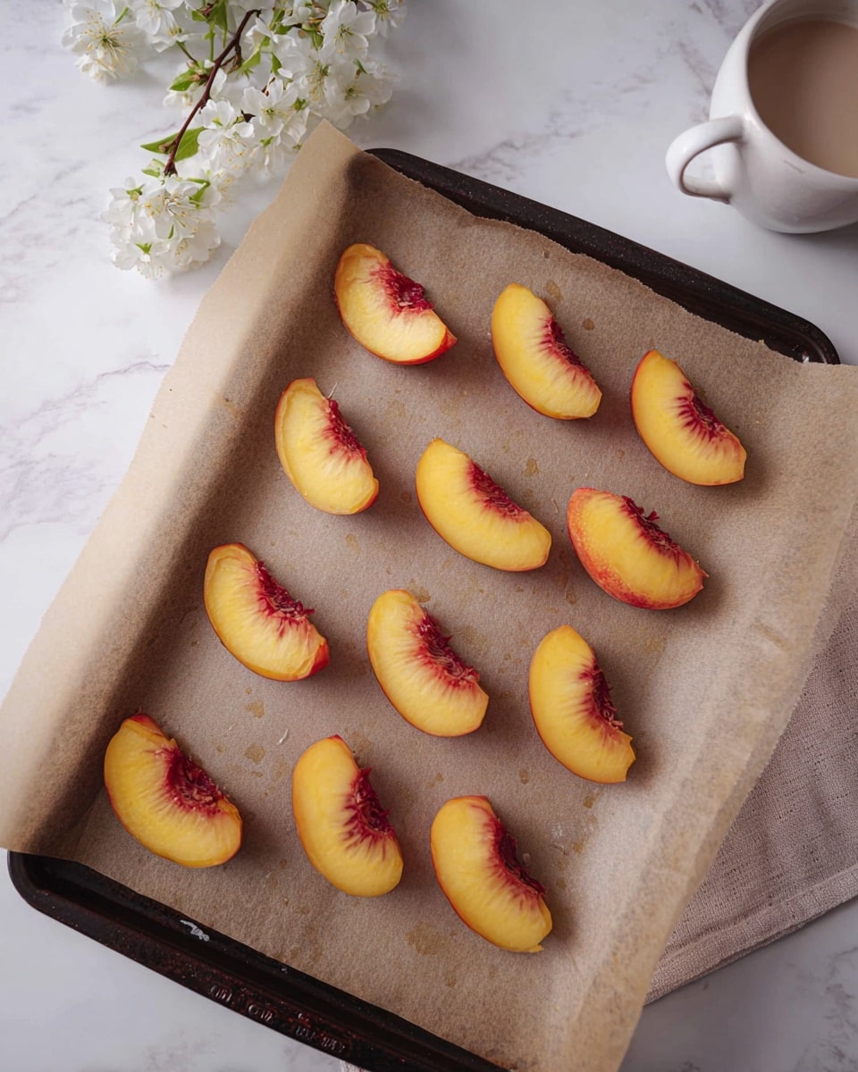 The image shows a baking tray lined with brown parchment paper, placed on a white marbled surface. On the paper, there are fourteen peach slices arranged in three loose rows, with each slice showing a bright yellow flesh and a reddish tint near the skin edges. The peach slices look fresh and juicy, and they have a smooth texture with slight natural imperfections. At the top right corner, a white cup with a soft beige drink inside is partially visible, set on the white marbled surface. A small branch with white flowers lies above the tray, adding a natural and delicate touch to the scene. photo taken with an iphone --ar 4:5 --v 7