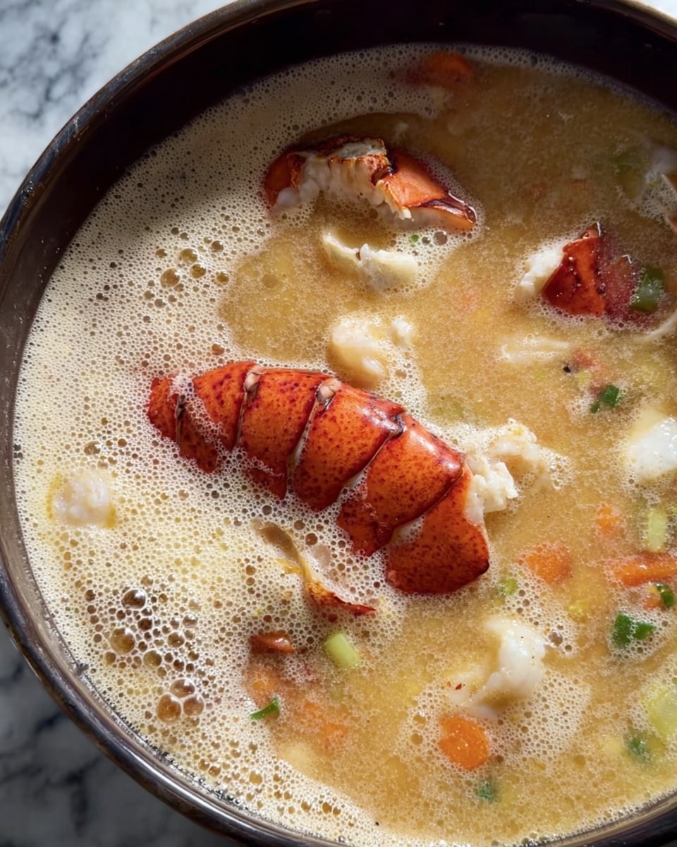 The image shows a close-up of a pot of seafood soup cooking with bubbling broth. The broth has a creamy light beige foam on the top edges, creating texture. Inside the broth, two bright red lobster tails lie diagonally across the center, partially submerged. Around them, bits of white seafood pieces and orange shrimp are visible, with small green vegetable pieces scattered throughout. The soup appears rich and has layers of foam, clear broth, and chunky seafood, all in a dark cooking pot against a white marbled surface. photo taken with an iphone --ar 4:5 --v 7