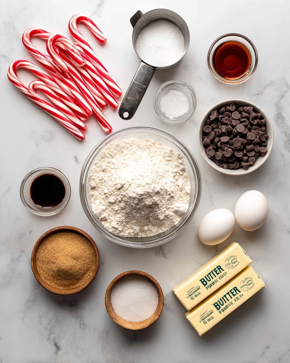 A flat lay of baking ingredients on a white marbled surface, including a clear glass bowl filled with white flour in the center, a smaller white bowl of dark brown chocolate chips to the right, two white eggs placed side by side nearby, and two sticks of pale yellow butter wrapped in paper labeled