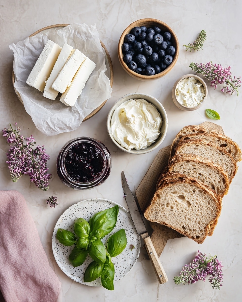 The image shows a light meal setup on a white marbled surface. On the top left, there is white parchment paper on a round white plate with a white soft cheese sliced into thick pieces. Above that, a small brown bowl is filled with fresh blueberries. To the right, a small round white bowl contains cream cheese with a silver knife resting on top. To the far right, five slices of whole grain bread are fanned out on a small wooden board with a knife nearby. Below the bread, there is a small jar filled with dark purple jam with a spoon inside. At the bottom, a round white speckled plate holds fresh green basil leaves. Small purple flowers are scattered around the setup, and a pink cloth is partially visible on the left edge. Photo taken with an iphone --ar 4:5 --v 7