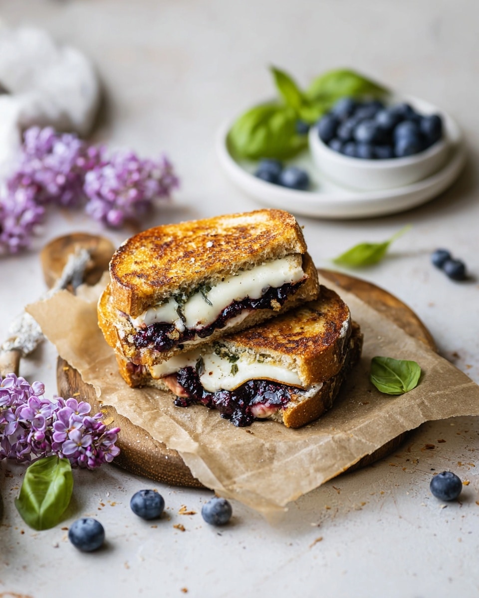 The image shows a grilled sandwich cut into three triangular layers stacked on top of each other on brown parchment paper over a wooden board. The sandwich bread is golden brown and toasted with a crispy texture. Inside each layer, there is melted white cheese and dark purple blueberry jam mixed with fresh green basil leaves, which add a vibrant contrast. Around the sandwich, there are scattered fresh blueberries, green basil leaves, and purple lavender flowers placed on a white marbled surface. A jar of dark purple jam is blurred in the background. Photo taken with an iphone --ar 4:5 --v 7