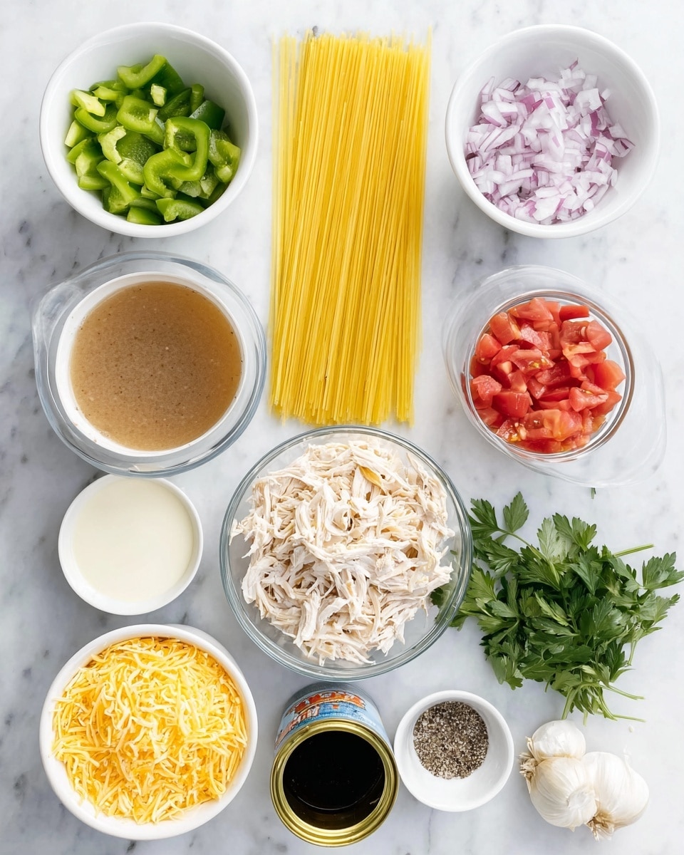 A top view of various cooking ingredients arranged on a white marbled surface, including one layer of yellow uncooked spaghetti diagonally placed in the middle; around it are white bowls and glass containers: diced green bell pepper in a white bowl at the top left, chopped red onion in a white bowl at the top right, shredded white chicken in a glass bowl in the center, a glass bowl of brown broth to the left, a glass bowl of grated yellow cheese at the bottom center, a white bowl with two garlic cloves to the right near fresh green parsley, a small white dish with salt and black pepper at bottom right, and two opened cans near the bottom left holding diced tomatoes and a creamy white sauce photo taken with an iphone --ar 4:5 --v 7
