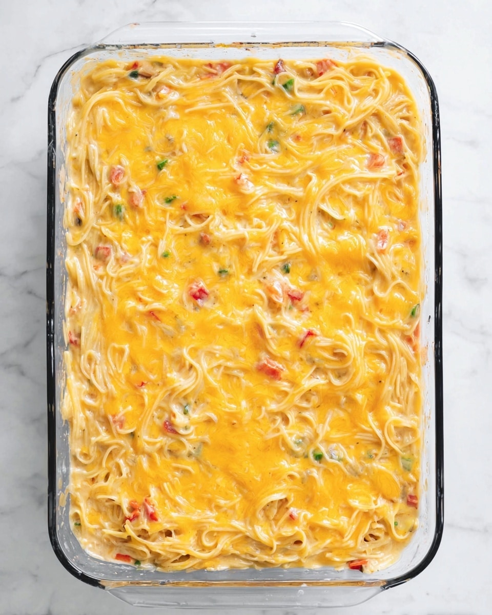 This image shows a rectangular glass baking dish filled with a noodle casserole on a white marbled surface. The casserole has a thick top layer of melted golden-yellow cheese with spots of slightly browned edges. Beneath the cheese, thin light-colored noodles are visible, mixed with small chunks of red and green vegetables, creating a colorful texture. The dish looks creamy and well-baked, with the noodles slightly tangled and covered by the cheese in an even layer across the surface. Photo taken with an iphone --ar 4:5 --v 7