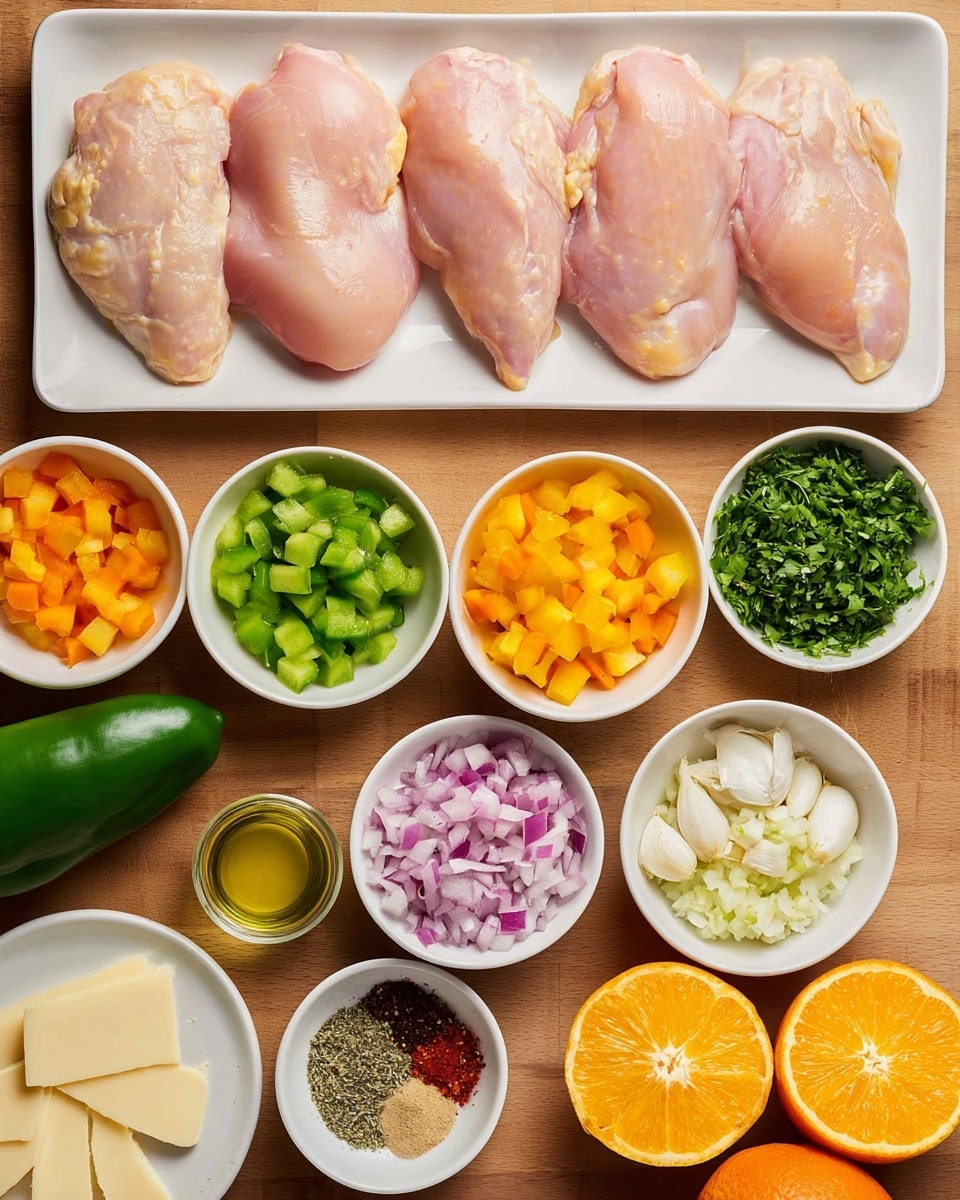 The image shows four raw chicken pieces arranged in a row on a white rectangular dish at the top center of the frame. Below the chicken, there are multiple small white bowls and dishes with different ingredients: diced green bell peppers, diced orange bell peppers, diced yellow bell peppers, chopped red onions, finely chopped parsley, whole cloves of garlic, a small cup of olive oil, and a round bowl of mixed spices including salt, black pepper, red chili flakes, cumin, and paprika. There are also slices of white cheese with bits of peppers stacked near the bottom left. A green jalapeño pepper and two halves of bright orange oranges, along with a small green lime, are scattered around on a wooden table surface, replaced by a white marbled texture in the description. The overall setup is clean and organized, showing fresh ingredients ready for cooking. Photo taken with an iphone --ar 4:5 --v 7