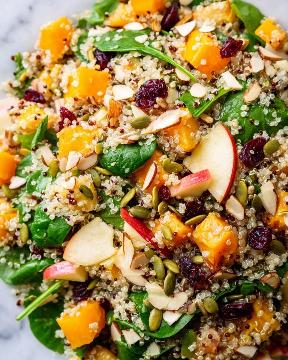This close-up image shows a colorful quinoa salad with visible small white quinoa grains forming the base layer. Scattered throughout are bright orange cubes of roasted butternut squash, green spinach leaves, and chunks of red apple with skin. There are also dark red dried cranberries, light beige slivered almonds, and green pumpkin seeds mixed evenly in the salad. The textures range from soft quinoa and squash to crunchy nuts and fresh spinach. The background is a white marbled surface. photo taken with an iphone --ar 4:5 --v 7