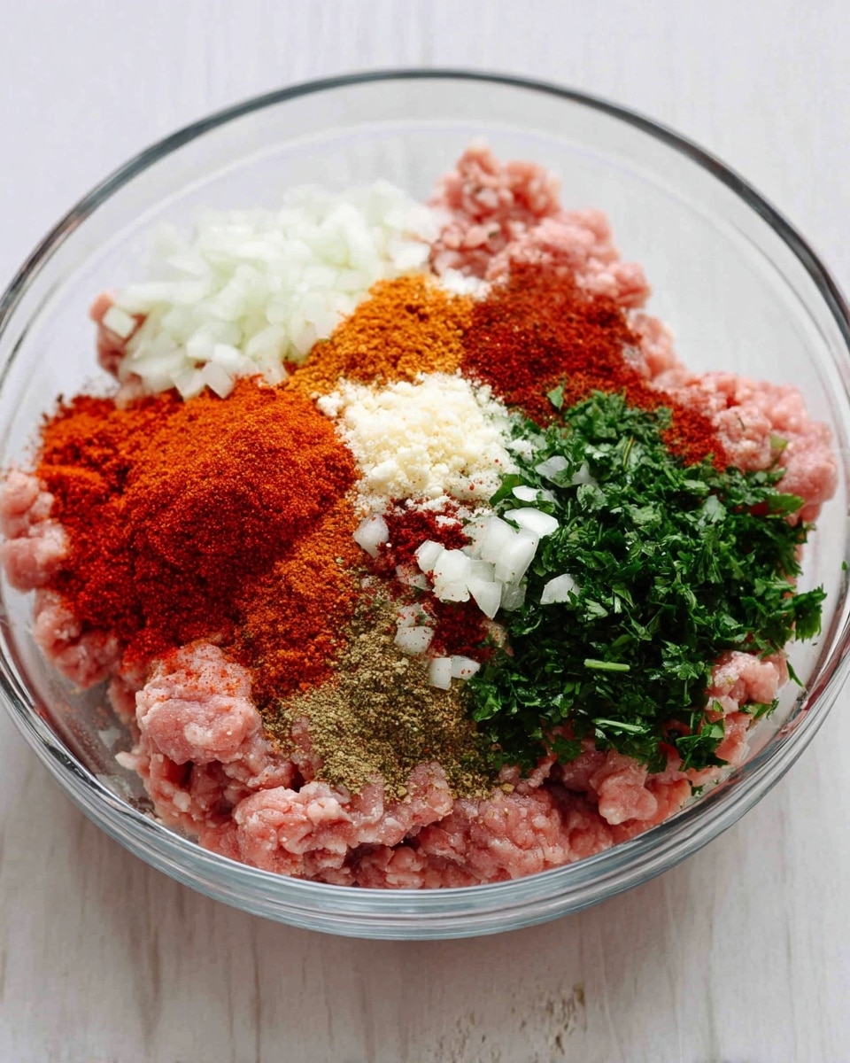 In a clear glass bowl on a white marbled surface, there are several layers of ingredients positioned side by side. At the bottom and covering most of the bowl is light pink ground meat with a soft, textured look. On one side, there is a dark green chopped leafy herb, next to it is finely chopped white onion, and near the center, small white crushed pieces that look like garlic or breadcrumbs. Toward the front and middle, there are several piles of bright orange-red spices, bright red paprika-like powder, and some light brown seasoning, all layered in a way that shows clear separation between each color and texture. photo taken with an iphone --ar 4:5 --v 7