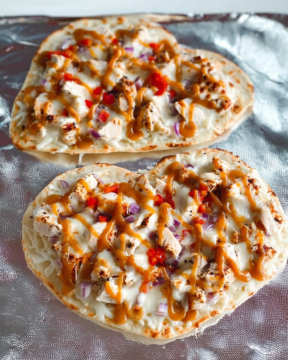 Two heart-shaped flatbreads are placed on shiny silver foil with a white marbled background. Each flatbread has one layer of light golden brown flatbread as the base. They are topped with a layer of small white pieces of cooked chicken scattered evenly. Small pieces of red bell pepper and bits of purple onion are spread among the chicken. A layer of melted white cheese is melted across the top, covering the toppings in an uneven way. Drizzled over everything in a zigzag pattern is a thick orange-brown sauce. The edges of the flatbreads are slightly browned and crisp. photo taken with an iphone --ar 4:5 --v 7