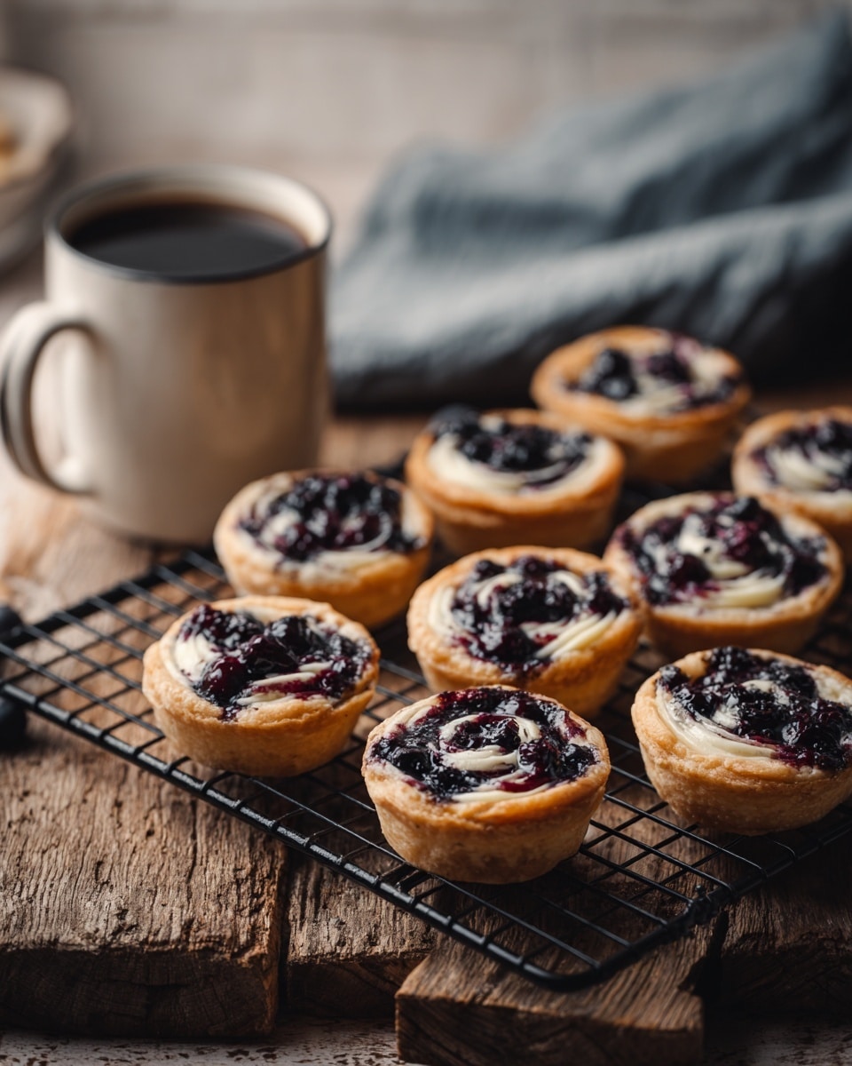 Nine small round pastries sit on a black wire cooling rack placed on a rough wooden surface. Each pastry has a golden-brown crust base topped with a layer of dark purple berries and swirls of creamy white filling. In the background, there is a white mug filled with black coffee, and a soft gray cloth lies beside the rack. The whole scene has warm, soft lighting and a cozy feel with a white marbled texture background. photo taken with an iphone --ar 4:5 --v 7