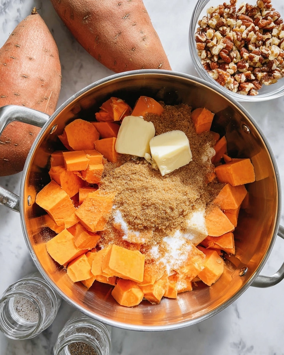 A silver pot filled with three layers of ingredients sits on a white marbled surface. The bottom layer is large, bright orange chunks of sweet potato, roughly cut into cubes and slices. The second layer shows a mound of brown sugar sprinkled unevenly on top, giving a grainy texture that contrasts with the smooth sweet potatoes. The final layer, positioned near the center, is two scoops of pale yellow butter resting on the brown sugar. In the background, two large unpeeled sweet potatoes are visible, and to the upper right, a clear glass bowl holds medium-coarse chopped nuts. At the bottom left, clear glass salt and pepper shakers complete the scene. photo taken with an iphone --ar 4:5 --v 7