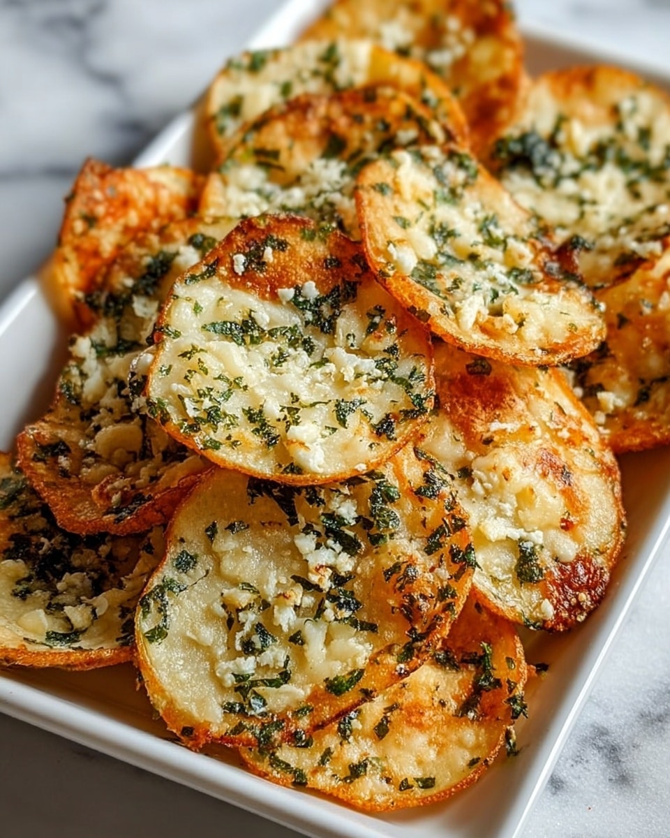 This image shows a white rectangular bowl filled with many round chips. Each chip has two layers: a light golden-brown crispy base layer with a slightly uneven texture, and a topping layer made of melted white cheese mixed with chopped green herbs spread unevenly on top. The chips are piled up inside the bowl, some overlapping each other. The background has a white marbled texture. Photo taken with an iphone --ar 4:5 --v 7