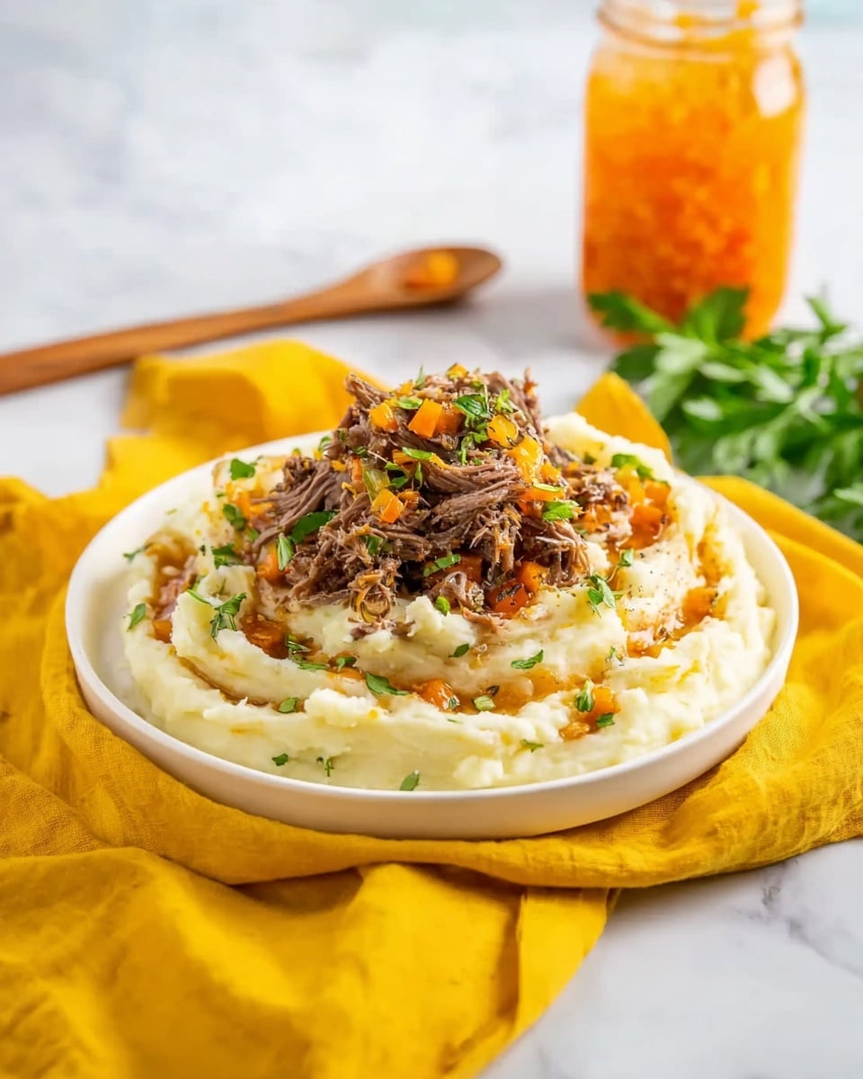 The dish shows a white round plate filled with two layers: the bottom layer is creamy mashed potatoes in an off-white color with a smooth, slightly textured surface, spread evenly but with some small waves and swirls; on top, there is a mound of shredded brown meat mixed with small orange carrot pieces and sprinkled with green herbs. The plate is placed on a bright yellow cloth, with a wooden spoon and some green parsley on a white marbled surface nearby. In the background, a glass jar filled with orange contents is slightly blurred. photo taken with an iphone --ar 4:5 --v 7