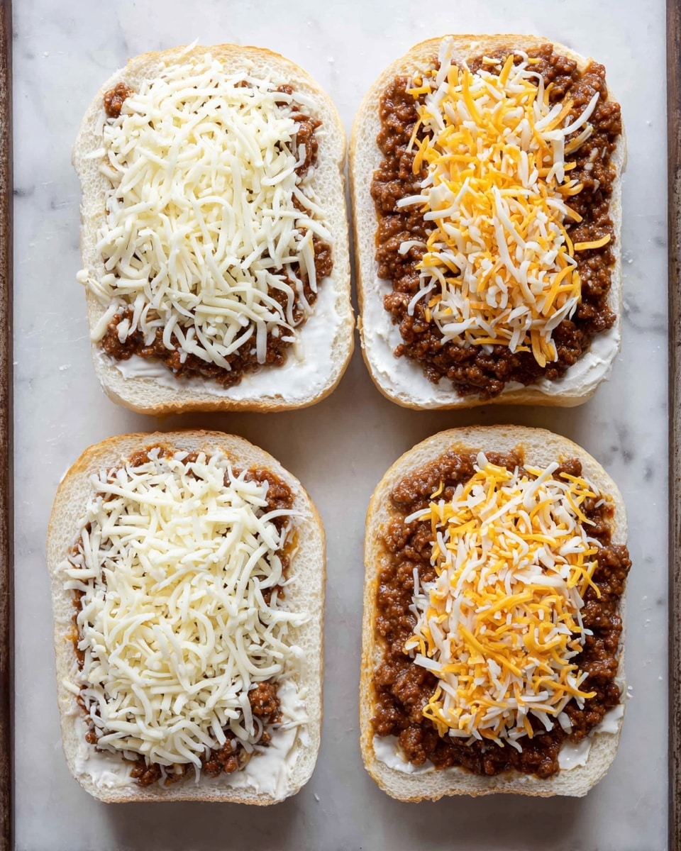 Two open sandwich halves lay flat on a white marbled surface, each slice showing four layers. The base layer is white sandwich bread with a soft, porous texture. The next layer is a smooth, even spread of white sauce covering the bread fully. On top of that lies a thick, dark brown meat sauce spread evenly across both slices with a chunky texture. The final layer is a generous pile of mixed shredded cheese in white and orange tones, loosely scattered over the meat. The sandwiches are set side by side, showing all layers clearly. Photo taken with an iphone --ar 4:5 --v 7