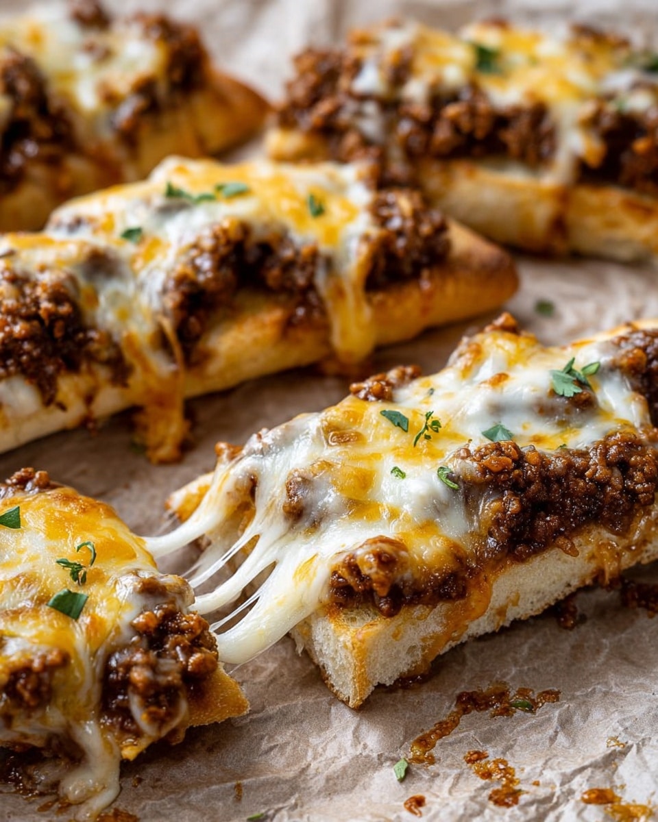 This image shows open-faced sandwiches with one main layer of flat toasted bread on the bottom, golden brown and slightly crisp. On top is a thick layer of cooked ground meat, dark brown and crumbled, covering the bread fully. Above the meat, there is a generous layer of melted cheese, white and orange-yellow, stretching in strings as pieces are lifted. Small green herb pieces are scattered on the cheese, adding a touch of color. The sandwiches are placed on light brown parchment paper, with some crumbs and herbs around them. photo taken with an iphone --ar 4:5 --v 7