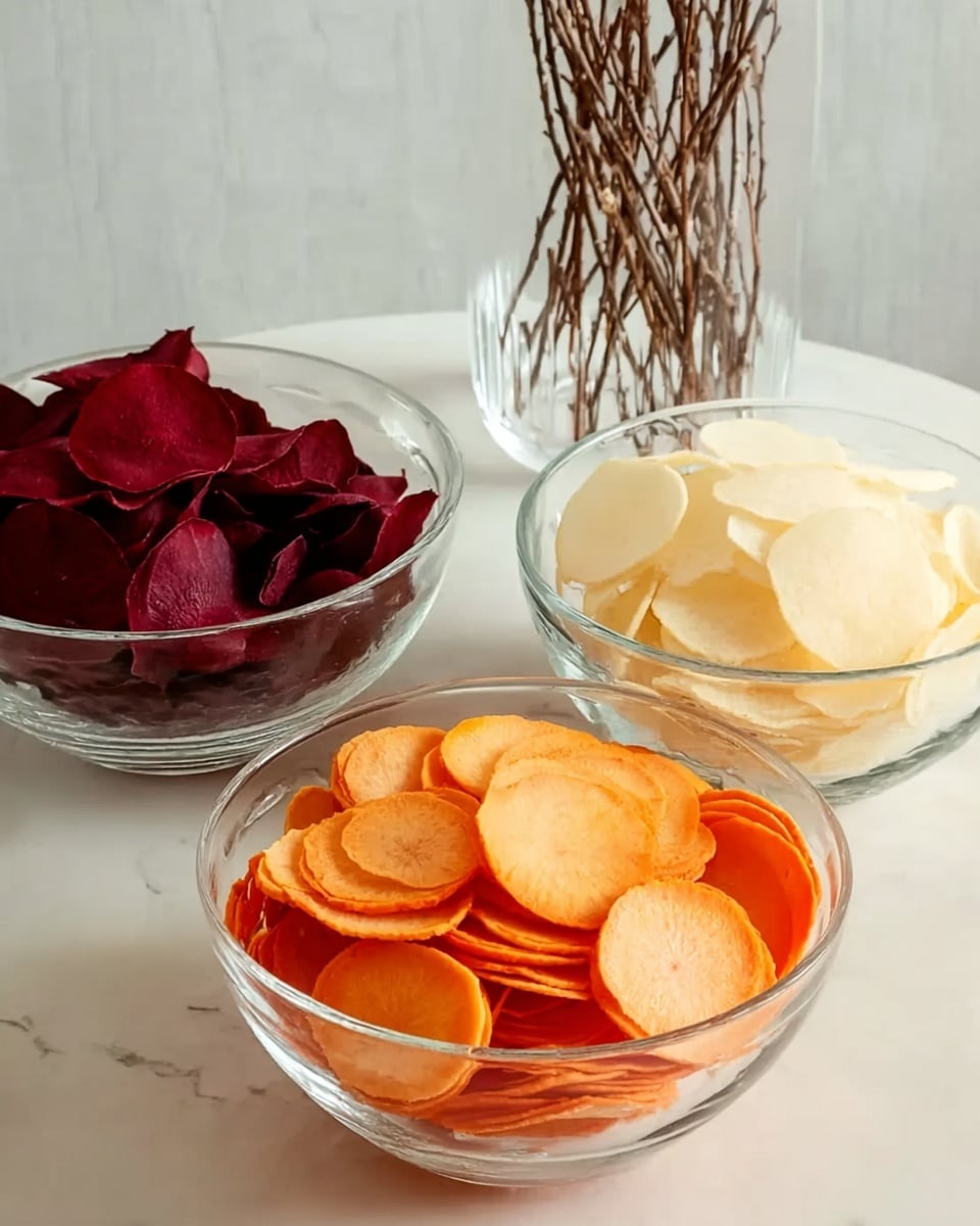 The image shows three clear glass bowls arranged on a white marbled surface. The bowl in the front is filled with thin, round orange slices with a smooth texture, stacked loosely. Behind it to the left is another bowl holding deep red, petal-like pieces with a soft, delicate appearance. On the right side, the third bowl contains pale, round slices that look dry and thin, stacked up in a loose pile. In the background, there is a clear glass vase holding a few thin, bare branches. Photo taken with an iphone --ar 4:5 --v 7
