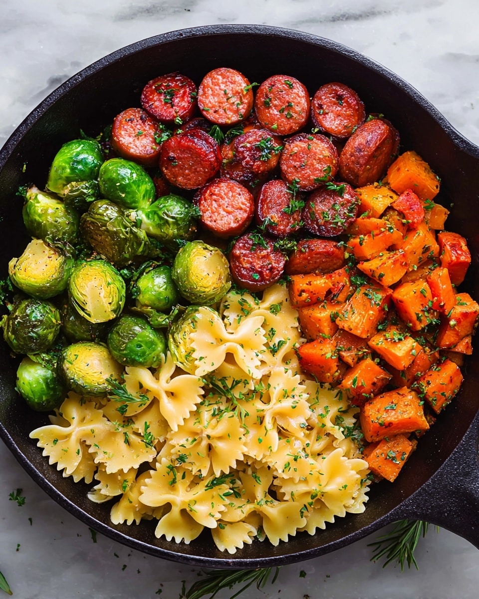 In a black skillet on a white marbled surface, there are four sections of food neatly arranged: bright green Brussels sprouts with a slight roasted shine, reddish-brown round slices of sausage with a crispy texture and garnished lightly with green herbs, small bright orange cubed roasted sweet potatoes with a caramelized look and sprinkled with herbs, and pale yellow bowtie pasta coated in a light sauce and dotted with green herbs. The colors are vibrant and the textures vary from smooth pasta to crisp sausage and roasted vegetables. photo taken with an iphone --ar 4:5 --v 7