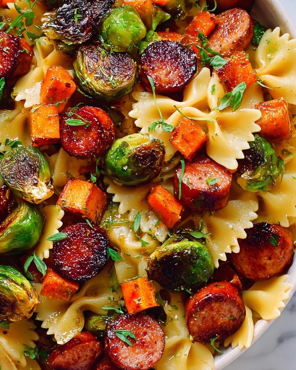 This close-up image shows a colorful dish with three main layers. The base layer is light yellow bowtie pasta, soft and slightly shiny. The middle layer has round, browned slices of sausage with a crispy, caramelized outside in a reddish-brown color. The top layer includes bright green Brussels sprouts that are roasted with dark, charred edges and small cubes of roasted orange carrots. Tiny green herb leaves are sprinkled over everything, adding freshness. The dish is set on a white marbled surface. photo taken with an iphone --ar 4:5 --v 7