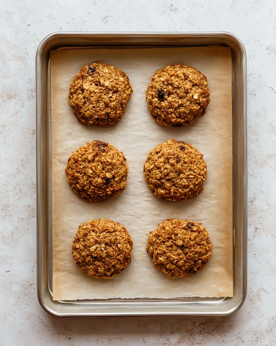 The image shows six round oatmeal cookies with a rough texture and golden brown color placed evenly on a sheet of parchment paper inside a metal baking tray. The cookies have visible oats and small dark spots that might be raisins or chocolate chips. The baking tray is set on a white marbled surface, and the cookies appear freshly baked with a slightly crisp edge and soft center. photo taken with an iphone --ar 4:5 --v 7