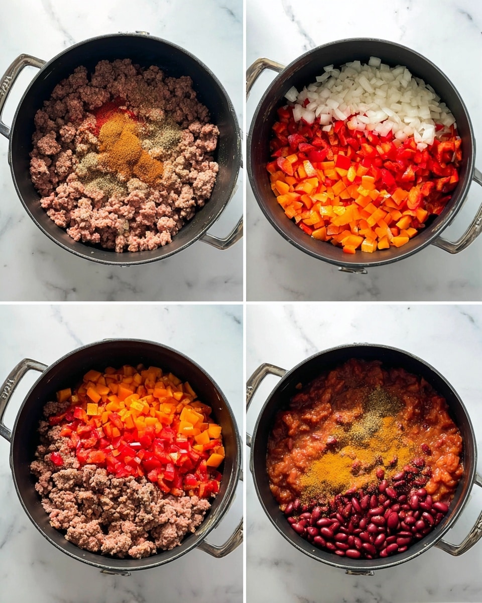 A black pot shown from above contains ground meat partially cooked with a pink and brown color layer filling the pot in image 1. In image 2, the same pot adds a mixed layer of chopped red, orange, and yellow bell peppers and white onions on top of the browned meat, with an even texture spread. In image 3, various brown and tan powdered spices are sprinkled over the meat and peppers, creating a dry textured layer of seasoning in different shades atop the vegetables. In image 4, wet ingredients are added as layers on one side including chunky red tomato pieces, orange pureed pumpkin, and mixed beans in shades of red and brown, with the cooked meat and veggies visible beside them inside the black pot on a white marbled surface. Photo taken with an iphone --ar 4:5 --v 7